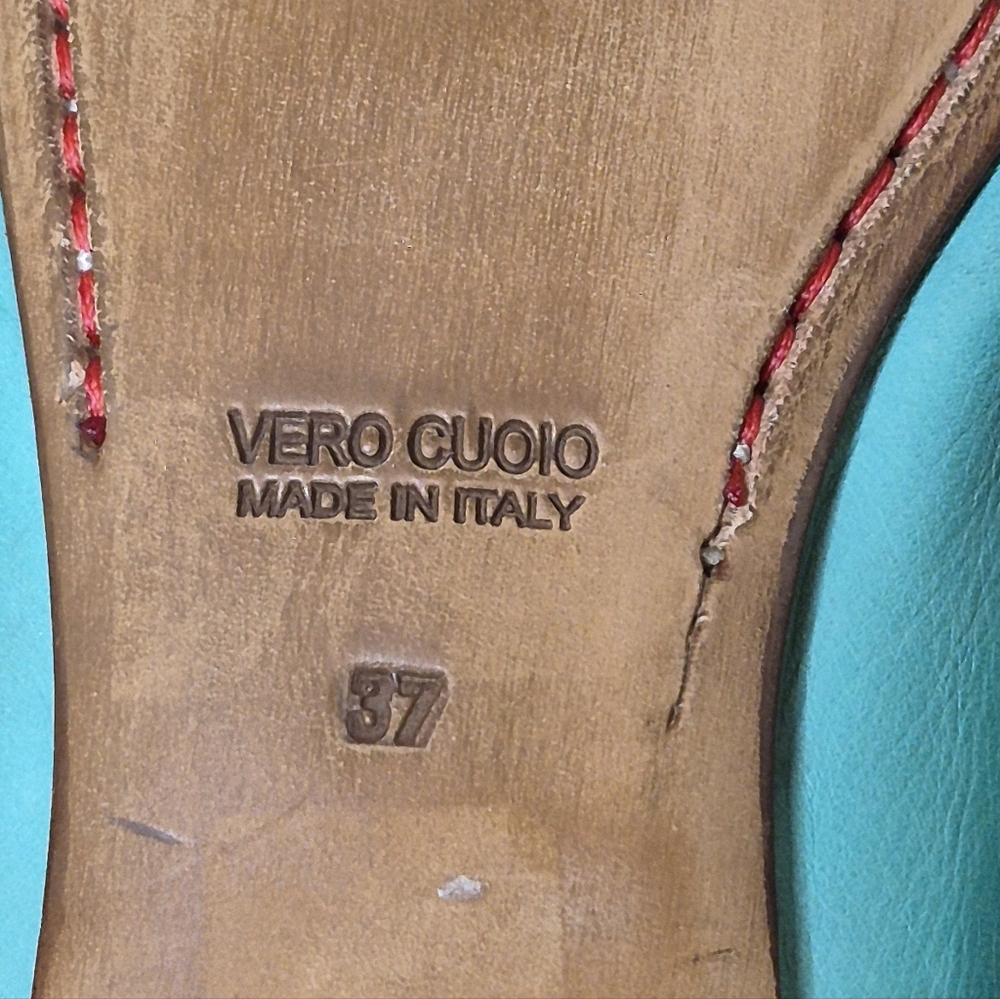 Italian Turquoise Leather Smoking Flats EU 37 Artisan Loafers Coastal Chic - Picture 12 of 13